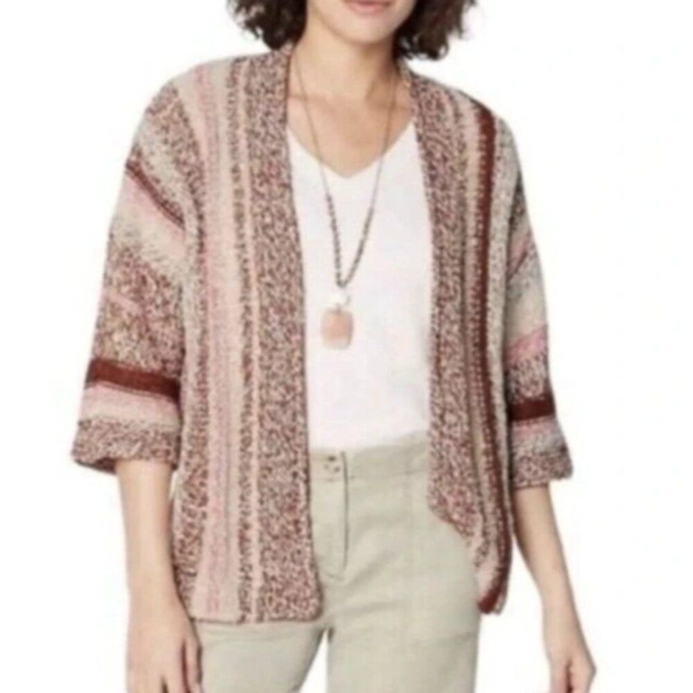 J.Jill Women Sweater Cardigan PS Petite Pink Auburn Chunky Knit Striped Boho NWT